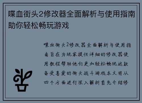 喋血街头2修改器全面解析与使用指南助你轻松畅玩游戏
