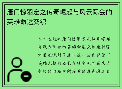 唐门惊羽宏之传奇崛起与风云际会的英雄命运交织