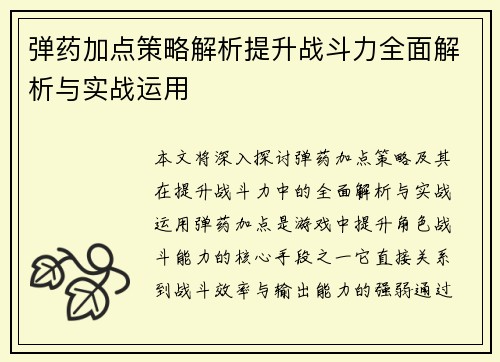 弹药加点策略解析提升战斗力全面解析与实战运用